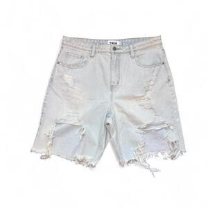 NEW TWIIN 90s Grunge Faded Blue Distressed Boyfriend Cut-Off Denim Shorts — L